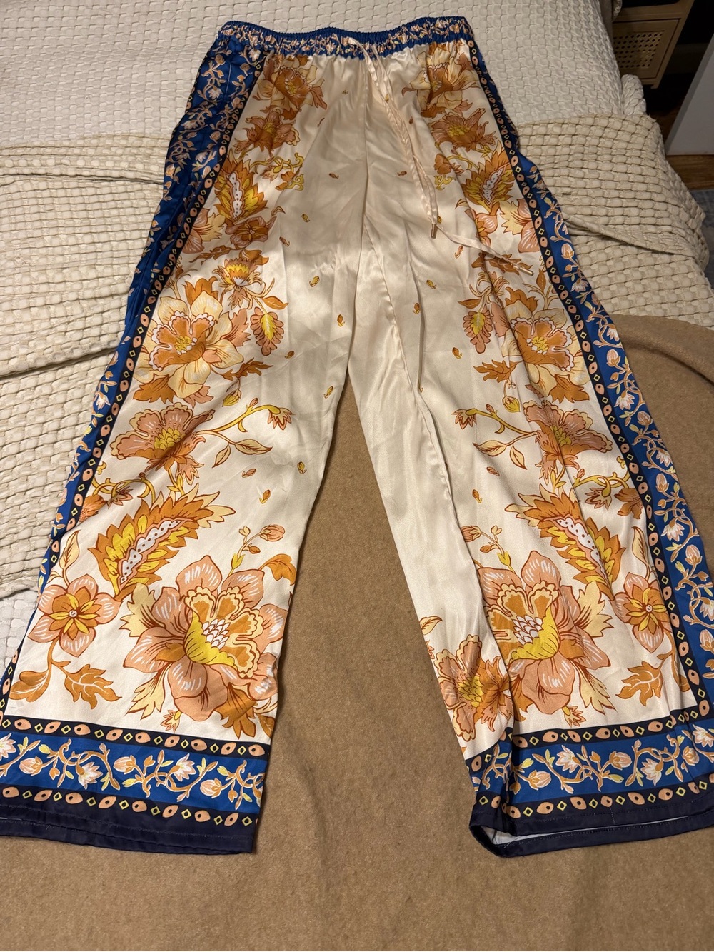 Skies are Blue Floral Wide-Leg Satin Pants in Ivory and Navy